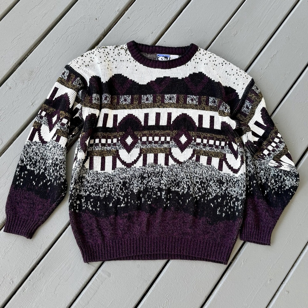 Vintage Today's News Sweater Men's XL Geometric Aztec Cosby‎ Purple White Retro